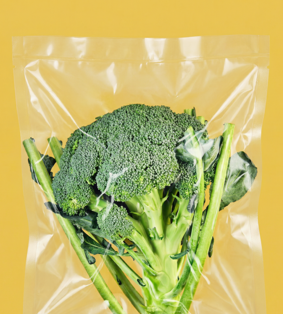 Broccolo in busta trasparente sottovuoto su sfondo giallo.