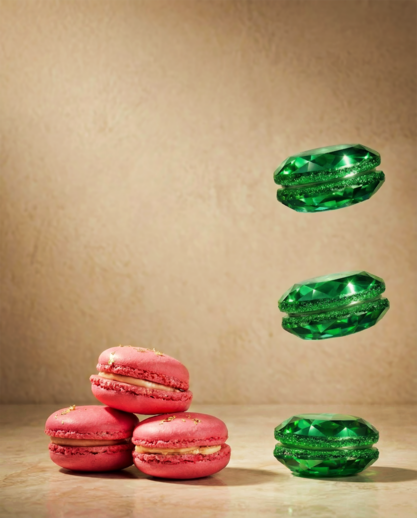 Macaron rosa con dettagli oro su piano, con macaron verdi effetto gemma sospesi sullo sfondo caldo.